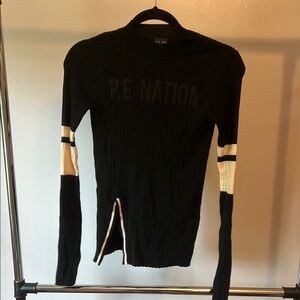 P.E Nation Black and Cream Crewneck Sweater with Sporty Stripes